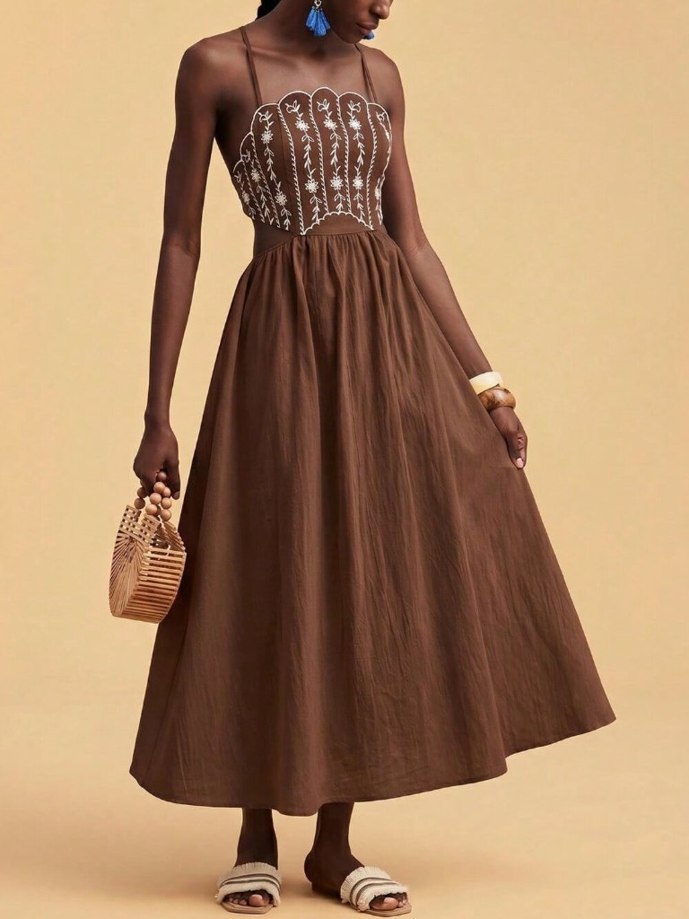 Brown Boho Women's Backless Camisole Dress with Embroidery - Picture 7 of 7